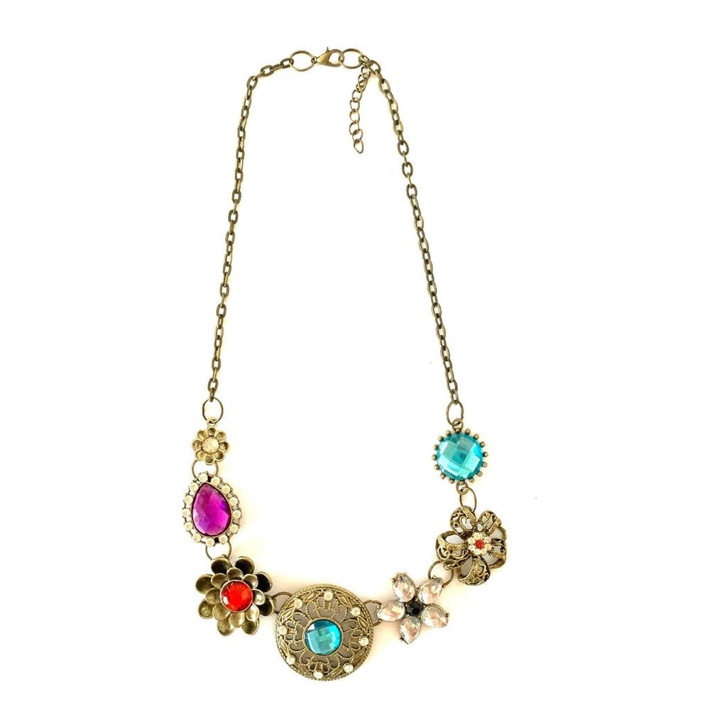 Gold Tone Multi Colored Crystal Statement Necklace